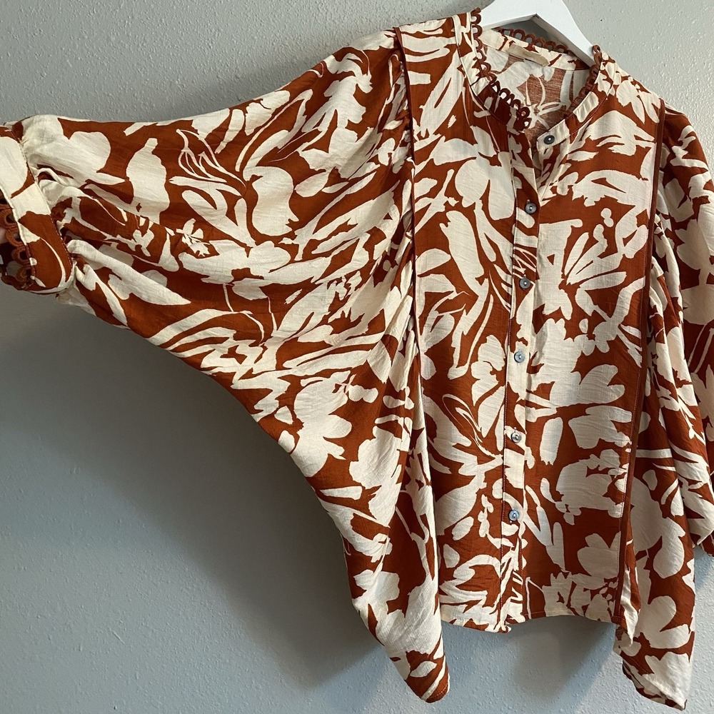 Entro Floral 3/4 Balloon Sleeve Button Down Blouse Rust Ivory Small Boutique - Picture 3 of 12